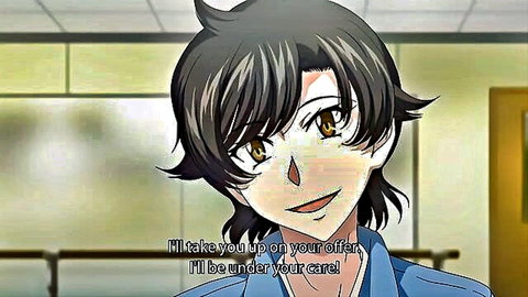Anime femboy with short brown hair smiling in blue school uniform accepting offer