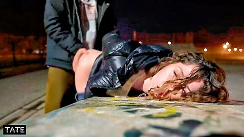 Man gropes woman's bare ass and pussy from behind on public graffiti bench at night