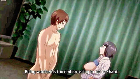 Embarrassed naked anime guy watched by busty short-haired friend in hentai scene