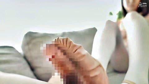 Non-chan F-cup JAV ballet instructor in white stockings giving footjob, big breasts