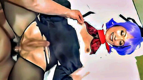 Seductive Asian trap in maid outfit with visible penis and stockings