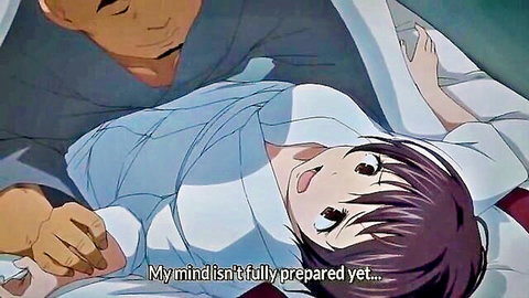 Petite anime girl blushes with open robe as muscular black man gropes her tits in bed