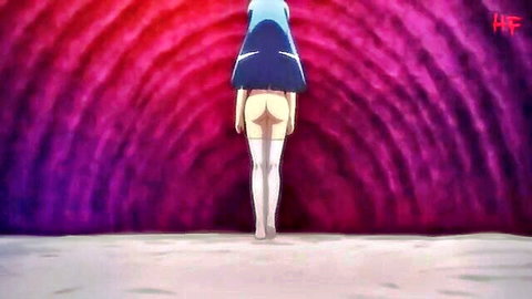 Hentai anime girl bends over exposing big bare ass and pussy with yellow panties down and white thigh-high stockings