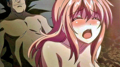 Pink-haired anime girl with big tits fucked from behind by muscular guy, ahegao face open mouth ecstasy