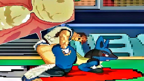 Pixel art hentai of Lucario mounting male trainer anally from behind