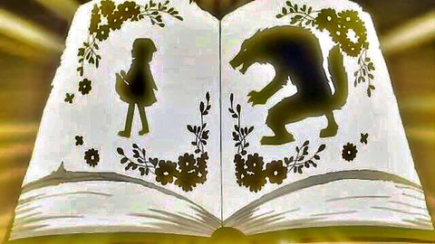 Silhouettes of little girl with basket facing snarling wolf on glowing open book page with floral borders
