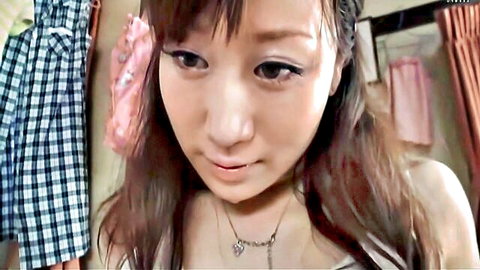 Cute Asian girl with bangs in step-mom teaser close-up