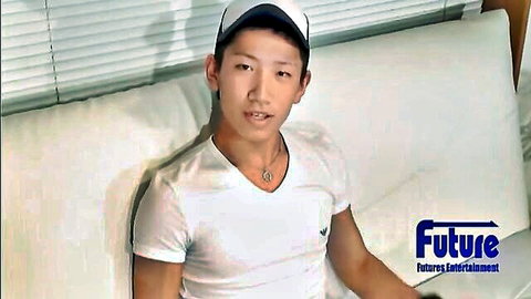Asian twink in white tank top and cap, teasing handjob scene