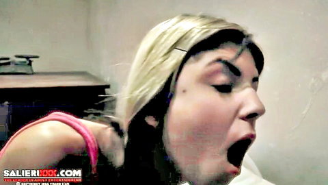 Gina Gerson blonde with open mouth in close-up seductive pose, pink top