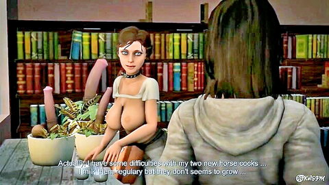 Hentai brunette with massive tits handles two enormous horse cocks on library table