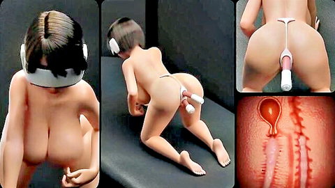 Hentai girl in VR headset on all fours with white tail butt plug inserted in her tight anus