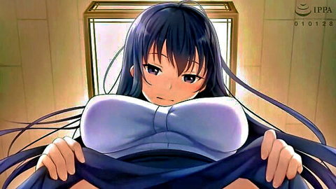 Busty black-haired hentai girl squeezes her massive exposed tits together