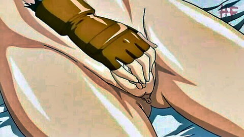 Hentai girl spreads shaved pussy wide with brown gloved hand exposing wet pink insides
