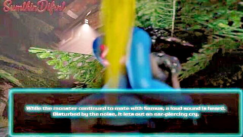 Monster roughly fucks blonde Samus Aran from behind in outdoor jungle with ear-piercing cry