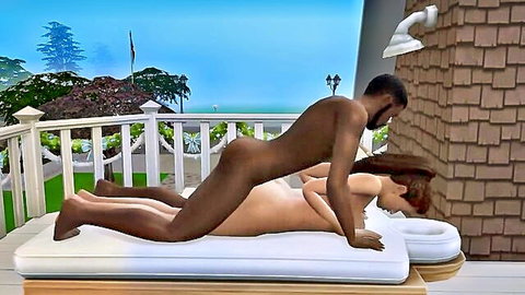 3D animated interracial doggy style sex, black man pounding redhead woman