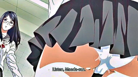Anime hentai schoolgirl with glasses in upskirt pose exposing ass