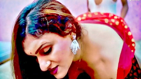 Sexy Indian lady in red saree seduces teenage servant, close-up view