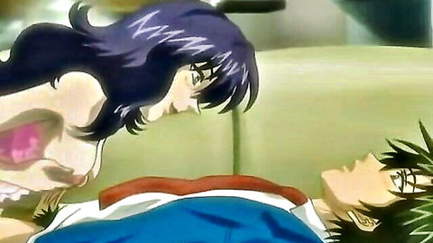 Purple-haired hentai girl in lingerie straddling guy in intimate anime scene