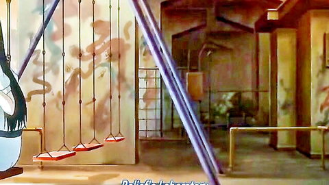Anime hentai schoolgirls Rin and Ran on swings in indoor playground tease