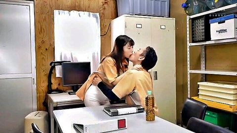 Mei Satsuki passionately kissing shop manager in JAV harassment scene