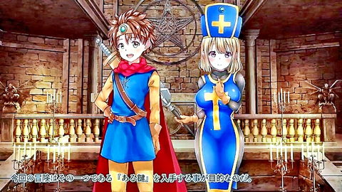 Hentai anime knight boy with sword poses with busty blonde nun in tight blue cross outfit