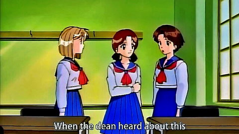 Three anime schoolgirls in sailor uniforms chatting innocently