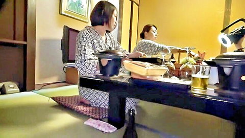Maki Tomoda in kimono at hot springs dinner with friend, JAV erotic scene