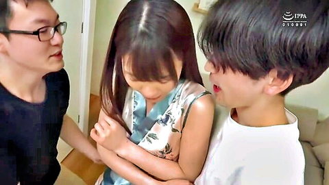 Natsu Tojo in sexy silk dress with two men in JAV sister seduction scene