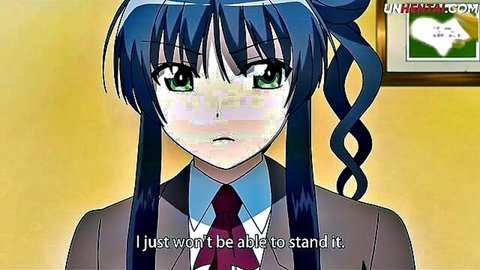 Tsundere anime girl with blue ponytails in school uniform, stern green-eyed expression