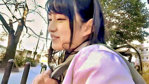 Beautiful runaway Japanese girl in pink sweater and backpack outdoors JAV thumbnail
