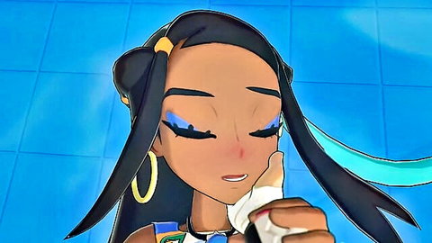 Nessa hentai thumbnail: seductive dark-skinned trainer licking phallic object