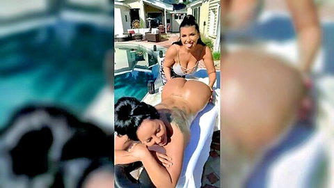 Romi Rain and Kiara Mia topless with big asses and curves by pool