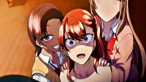 Anime schoolgirls tease redhead with exposed breasts in hentai scene