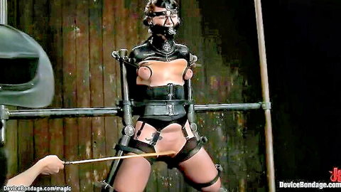 Bound BDSM slave in metal device with exposed body endures caning