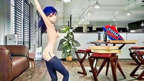 Nude blue-haired hentai girl dancing undress in black stockings, small tits MMD style