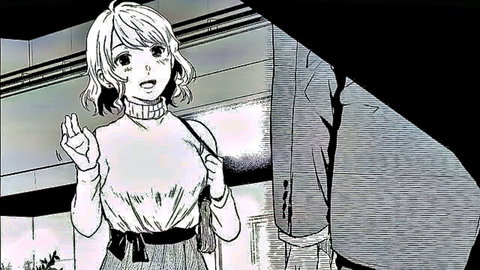 Blonde hentai schoolgirl in turtleneck and skirt waving in hallway