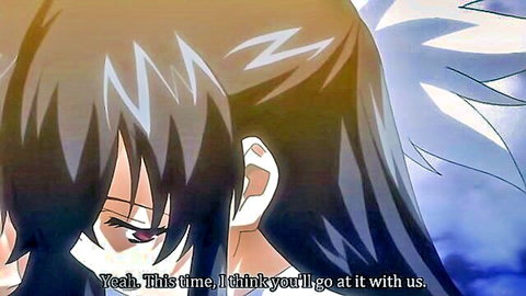 Intimate hentai anime girls with black and white hair whispering closely
