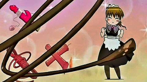Cute anime maid in frilly outfit holding pink dildo, hentai style