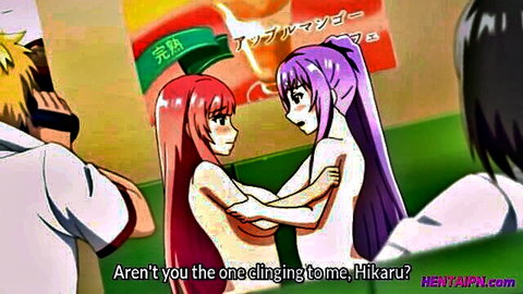 Nude hentai schoolgirls Akane and Hikaru embracing intimately in classroom