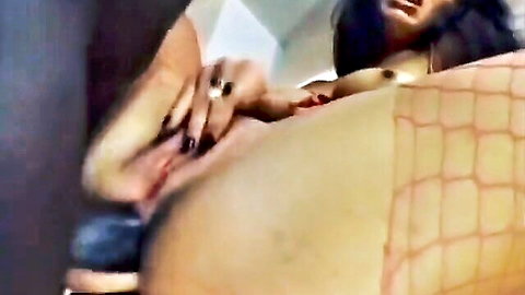 Gorgeous cutie moans as tight ass hole penetrated by huge black cock in fishnets