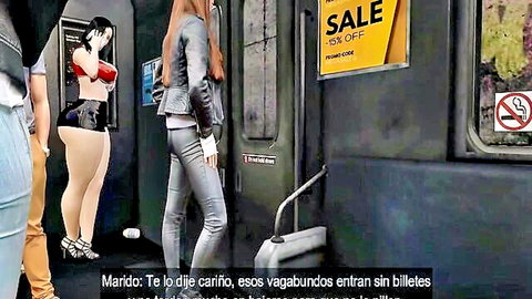 Hentai girls in crowded metro train, curvy asses and tight outfits tease in public