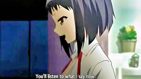 Dominant buxom anime girl with short black hair in white uniform hentai thumbnail