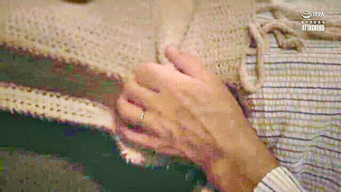 Close-up hand gripping under blanket in JAV wife swapping scene
