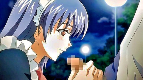 Silver-haired anime maid in uniform smiling intimately under moonlight in hentai