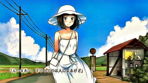 Cute anime girl in white sundress and hat at rural bus stop hentai thumbnail