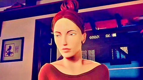 Sexy redhead hentai girl with bun hairstyle stares seductively in tight red top