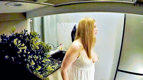 Blonde curvy college girl in white lingerie showing big natural boobs interview