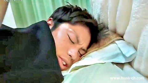 Handsome Asian brunette man sleeping shirtless in bed, gay porn thumbnail