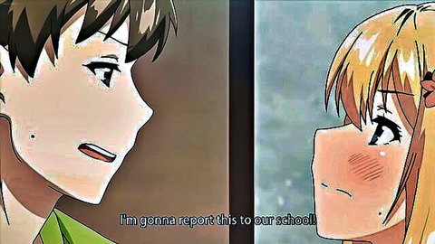 Blushing anime schoolgirl confronts boy in hentai scene