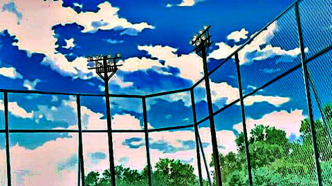 Anime-style empty tennis court with floodlights chain-link fence blue sky pink clouds and green trees